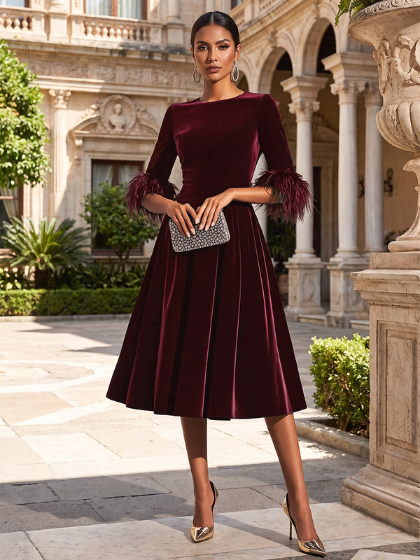A-Line/Princess Scoop Neck Velvet Tea-Length Evening Dresses with Feather Trim & Pleats