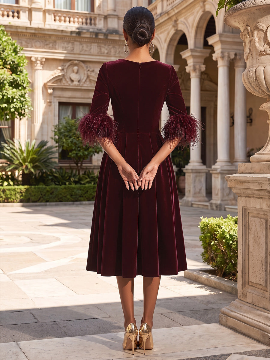 A-Line/Princess Scoop Neck Velvet Tea-Length Evening Dresses with Feather Trim & Pleats
