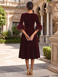 A-Line/Princess Scoop Neck Velvet Tea-Length Evening Dresses with Feather Trim & Pleats