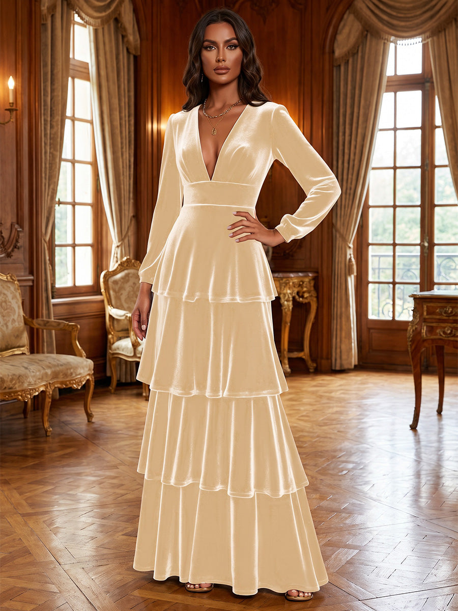 A-Line/Princess V-Neck Velvet Maxi Evening Dresses with Tiered Layers & Ruffles
