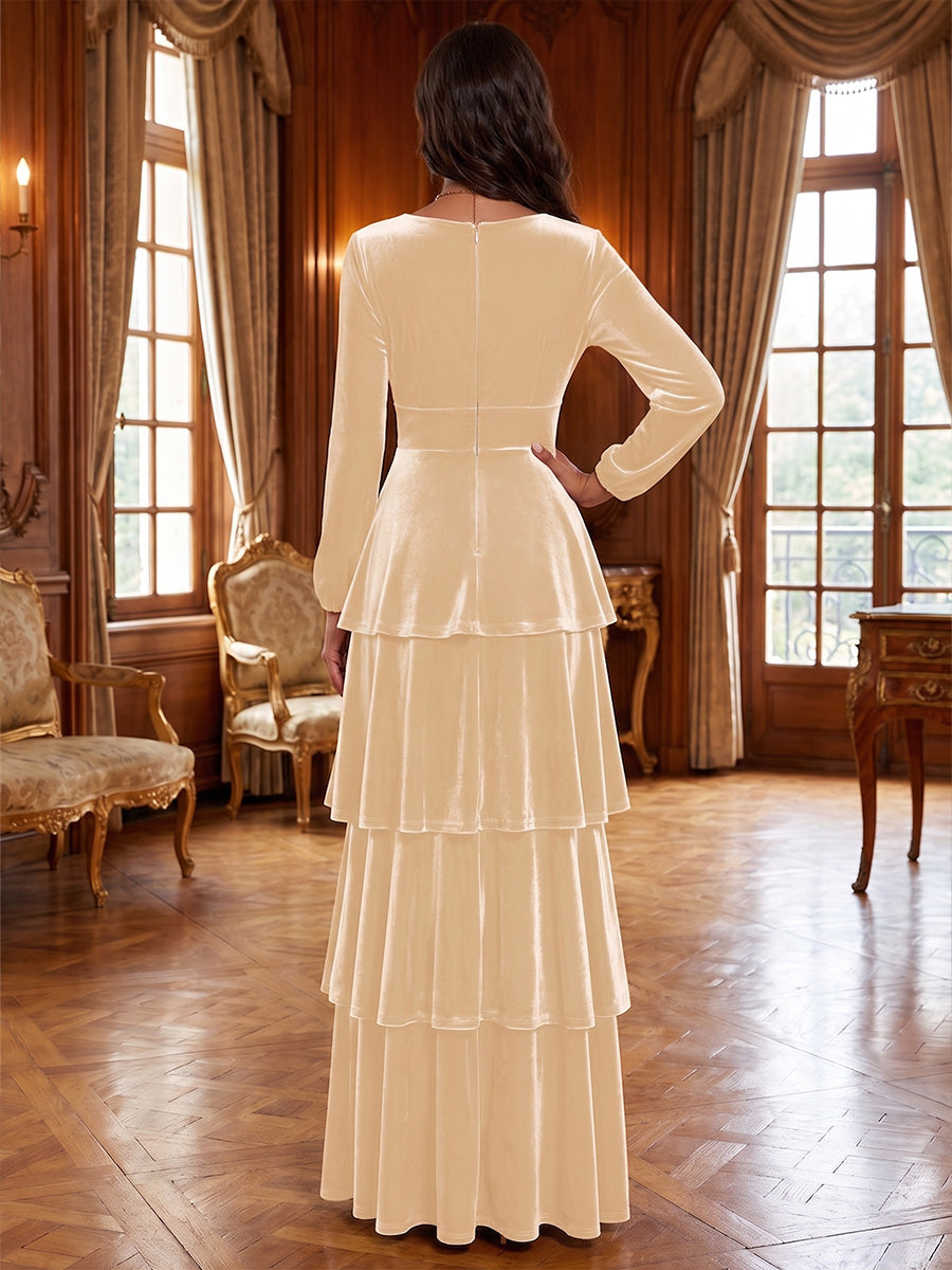 A-Line/Princess V-Neck Velvet Maxi Evening Dresses with Tiered Layers & Ruffles