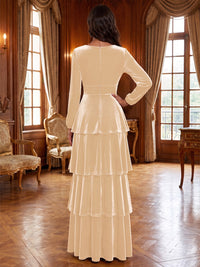 A-Line/Princess V-Neck Velvet Maxi Evening Dresses with Tiered Layers & Ruffles