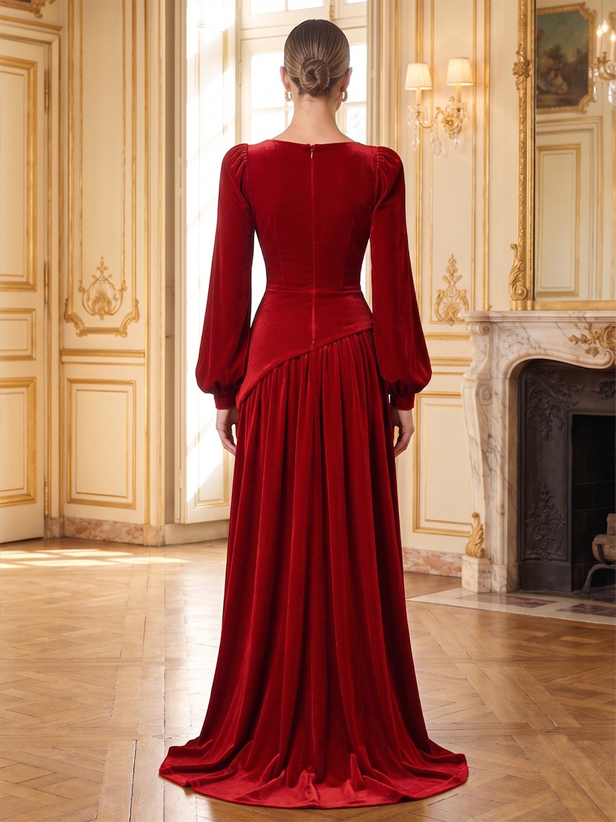 A-Line/Princess Square Neck Velvet Maxi Evening Dresses with Pleats & Slit