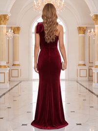Sheath/Column One Shoulder Velvet Maxi Evening Dresses with Bow