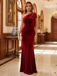 Sheath/Column One Shoulder Velvet Maxi Evening Dresses with Bow
