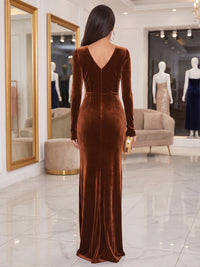 Sheath/Column V-Neck Velvet Maxi Evening Dresses with Ruched Waist & Slit