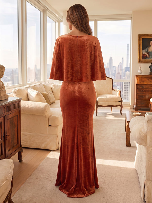 Mermaid/Trumpet V-Neck Velvet Maxi Evening Dresses with Ruched Waist & Cape