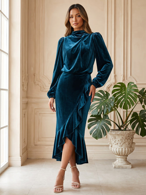 A-Line/Princess High Neck Velvet Tea-Length Evening Dresses with Ruffles