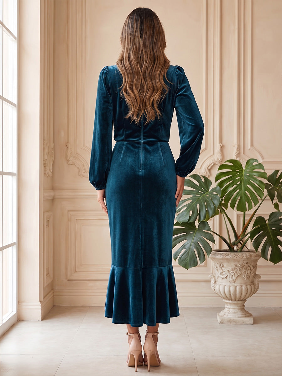 A-Line/Princess High Neck Velvet Tea-Length Evening Dresses with Ruffles