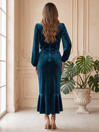 A-Line/Princess High Neck Velvet Tea-Length Evening Dresses with Ruffles