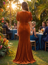 Mermaid/Trumpet V-Neck Velvet Maxi Evening Dresses with Ruched Waist