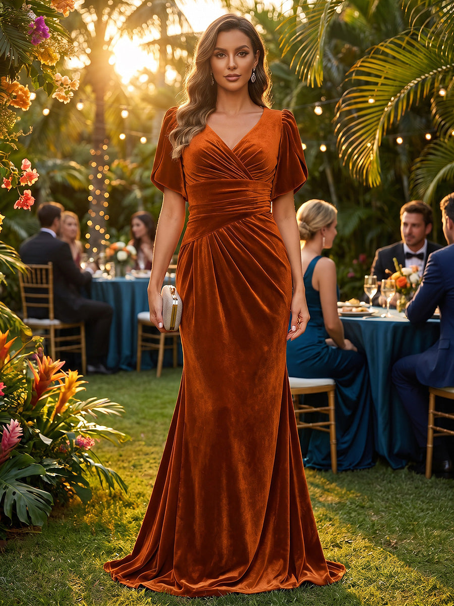 Mermaid/Trumpet V-Neck Velvet Maxi Evening Dresses with Ruched Waist
