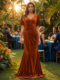 Mermaid/Trumpet V-Neck Velvet Maxi Evening Dresses with Ruched Waist