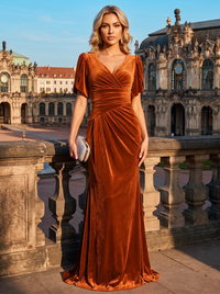 Mermaid/Trumpet V-Neck Velvet Maxi Evening Dresses with Ruched Waist