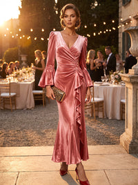 Sheath/Column V-Neck Velvet Tea-Length Evening Dresses with Ruched Bodice & Ruffles