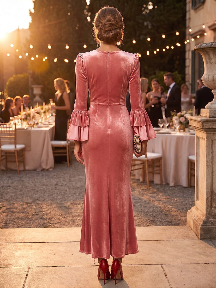 Sheath/Column V-Neck Velvet Tea-Length Evening Dresses with Ruched Bodice & Ruffles