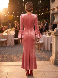 Sheath/Column V-Neck Velvet Tea-Length Evening Dresses with Ruched Bodice & Ruffles