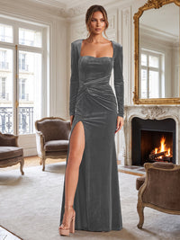 Sheath/Column Square Neck Velvet Maxi Evening Dresses with Ruched Waist & Slit