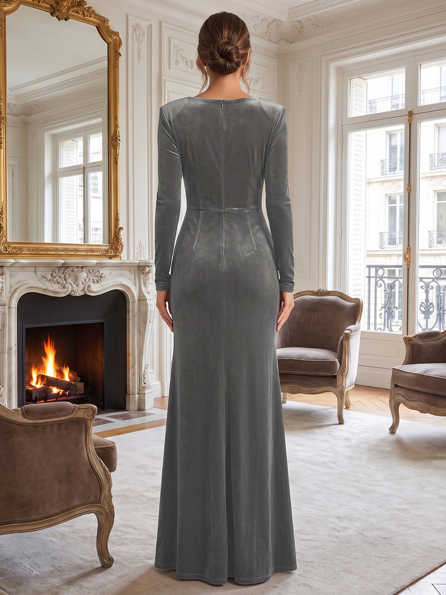 Sheath/Column Square Neck Velvet Maxi Evening Dresses with Ruched Waist & Slit