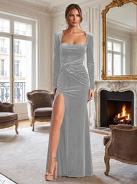 Sheath/Column Square Neck Velvet Maxi Evening Dresses with Ruched Waist & Slit