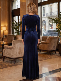 Sheath/Column Square Neck Velvet Maxi Evening Dresses with Ruched Waist & Slit