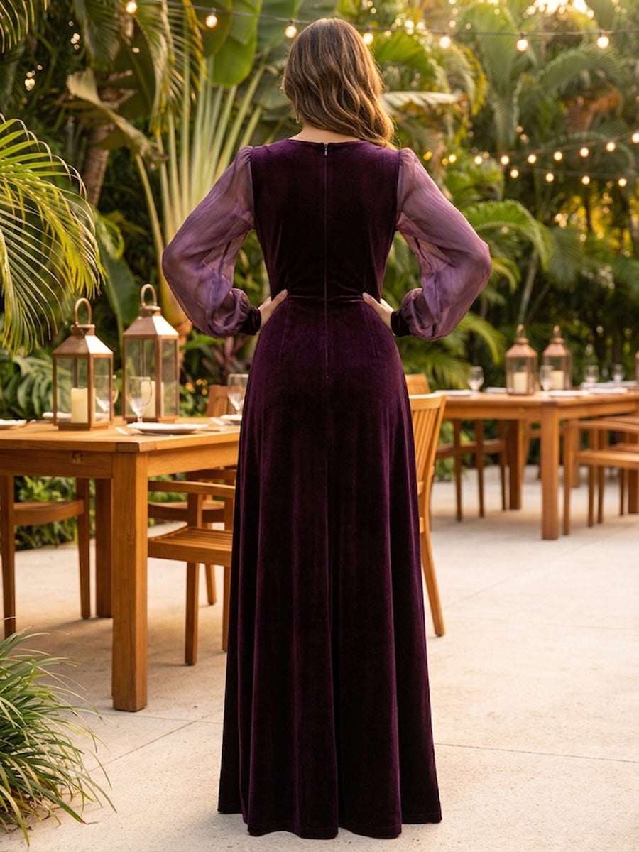 A-Line/Princess V-Neck Velvet Maxi Evening Dresses with Pleats, Slit & Ruched Bodice