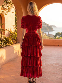 A-Line/Princess V-Neck Velvet Tea-Length Evening Dresses with Tiered Layers & Ruffles