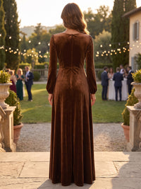 A-Line/Princess V-Neck Velvet Maxi Evening Dresses with Pleats, Slit & Ruched Bodice