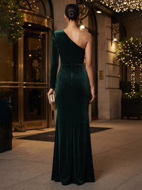 Sheath/Column One Shoulder Velvet Maxi Evening Dresses with Sequin, Ruched Waist & Slit