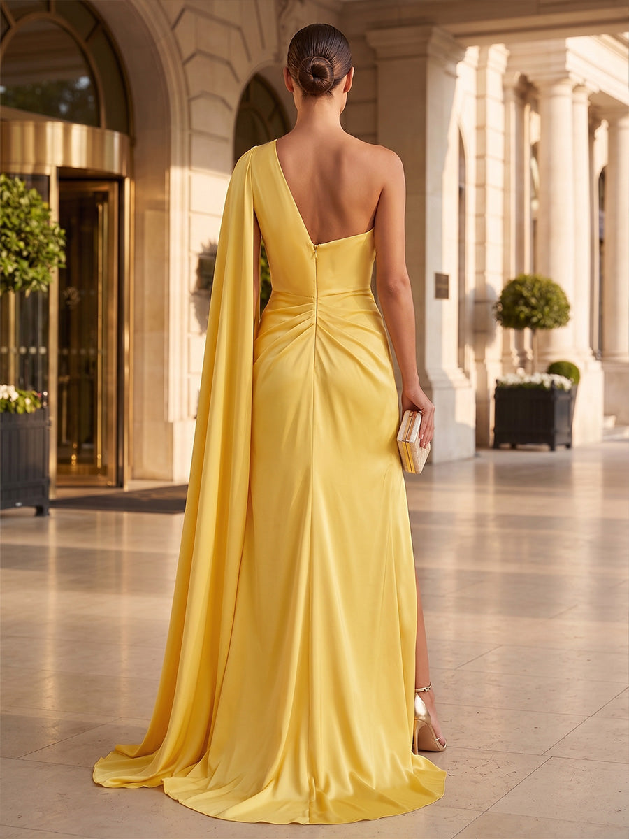 Sheath/Column One Shoulder Satin Maxi Evening Dresses with Ruched Waist, Side Sash & Slit