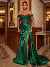 Mermaid/Trumpet Off Shoulder Satin Maxi Evening Dresses with Lace Appliques, Sequin, Ruched Waist & Slit