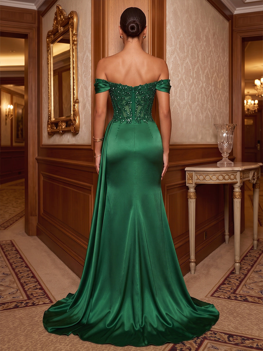 Mermaid/Trumpet Off Shoulder Satin Maxi Evening Dresses with Lace Appliques, Sequin, Ruched Waist & Slit