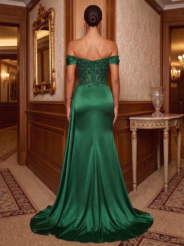 Mermaid/Trumpet Off Shoulder Satin Maxi Evening Dresses with Lace Appliques, Sequin, Ruched Waist & Slit