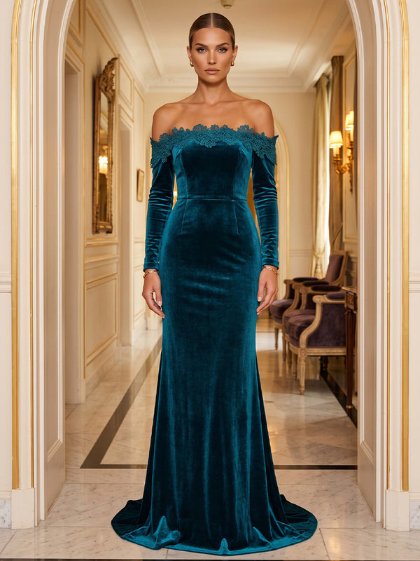 Mermaid/Trumpet Off Shoulder Velvet Maxi Evening Dresses with Lace Appliques