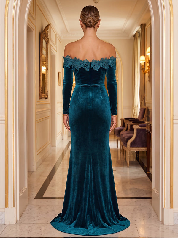 Mermaid/Trumpet Off Shoulder Velvet Maxi Evening Dresses with Lace Appliques