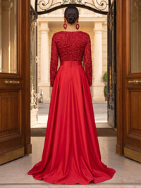 A-Line/Princess V-Neck Satin Maxi Evening Dresses with Pleats, Slit, Sequin & Sweep Train