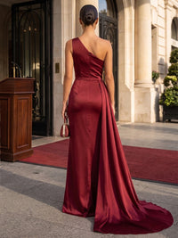 Mermaid/Trumpet One Shoulder Satin Maxi Evening Dresses with Ruched Waist, Side Sash & Slit