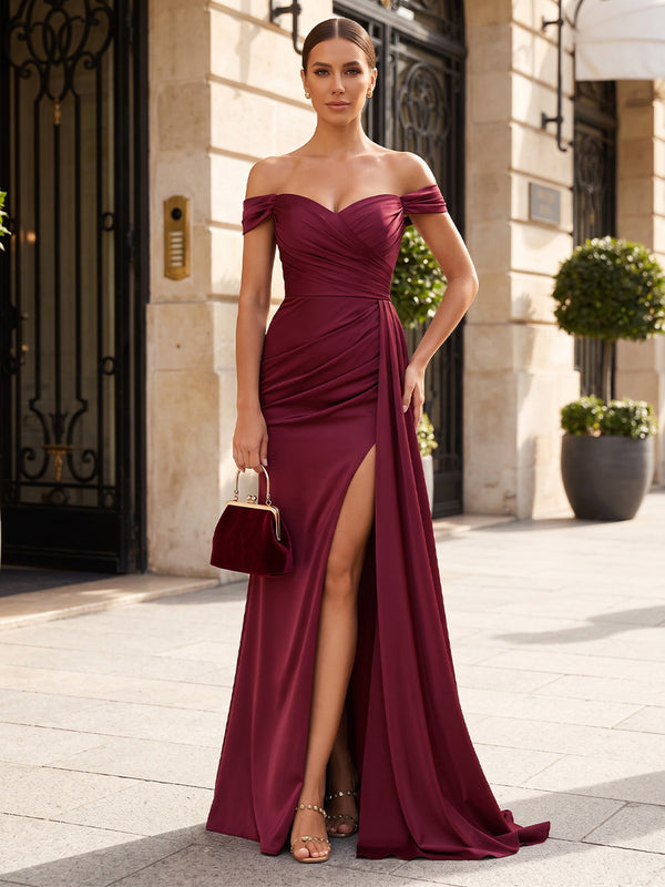 Mermaid/Trumpet Off Shoulder Satin Maxi Evening Dresses with Ruched Waist, Side Sash & Slit