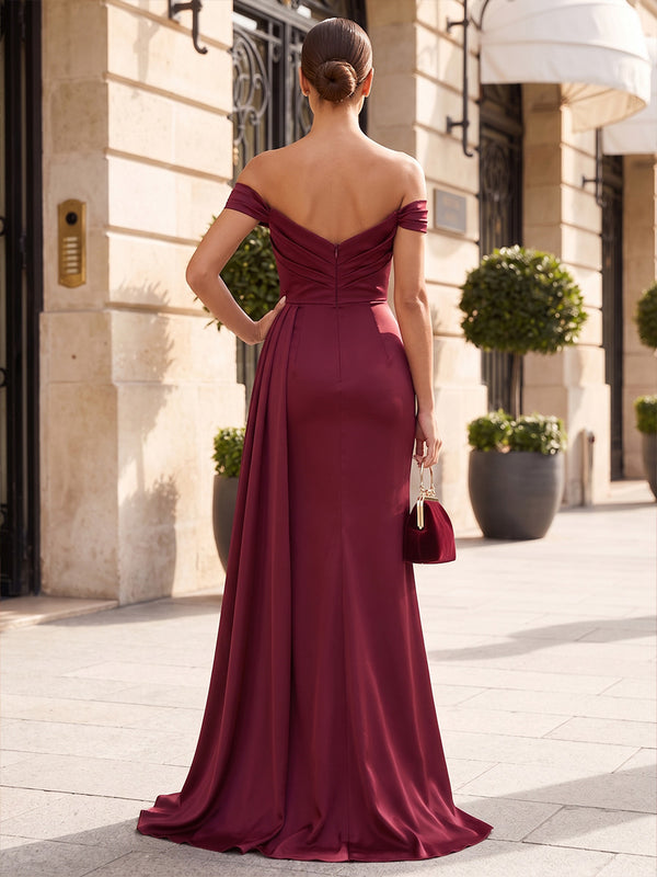 Mermaid/Trumpet Off Shoulder Satin Maxi Evening Dresses with Ruched Waist, Side Sash & Slit