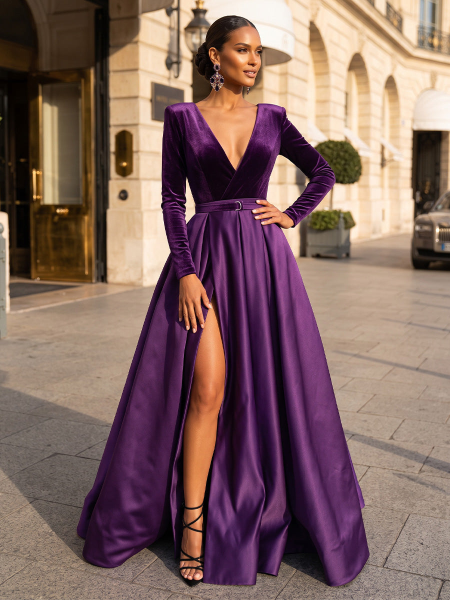 A-Line/Princess V-Neck Satin Maxi Evening Dresses with Pleats, Slit & Belt