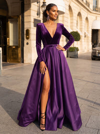 A-Line/Princess V-Neck Satin Maxi Evening Dresses with Pleats, Slit & Belt