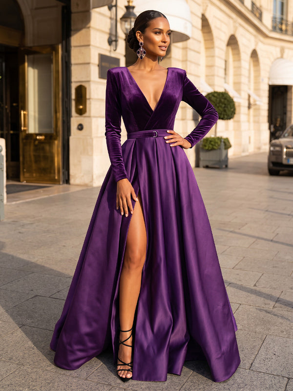 A-Line/Princess V-Neck Satin Maxi Evening Dresses with Pleats, Slit & Belt