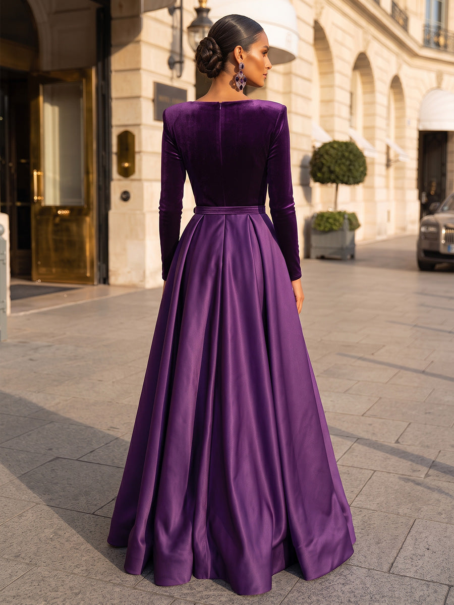 A-Line/Princess V-Neck Satin Maxi Evening Dresses with Pleats, Slit & Belt
