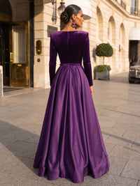 A-Line/Princess V-Neck Satin Maxi Evening Dresses with Pleats, Slit & Belt