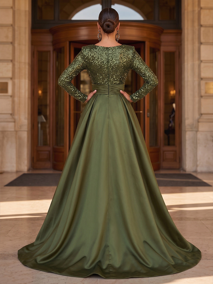 A-Line/Princess V-Neck Sequin Maxi Evening Dresses with Pleats, Slit & Sweep Train
