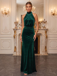 Sheath/Column Halter Velvet Maxi Evening Dresses with Ruched Waist