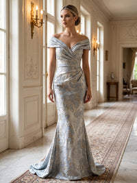 Mermaid/Trumpet Off Shoulder Jacquard Maxi Evening Dresses with Ruched Waist & Sweep Train