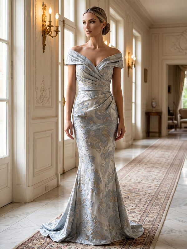 Mermaid/Trumpet Off Shoulder Jacquard Maxi Evening Dresses with Ruched Waist & Sweep Train