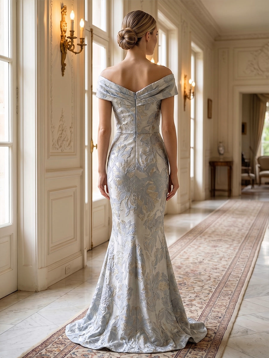 Mermaid/Trumpet Off Shoulder Jacquard Maxi Evening Dresses with Ruched Waist & Sweep Train