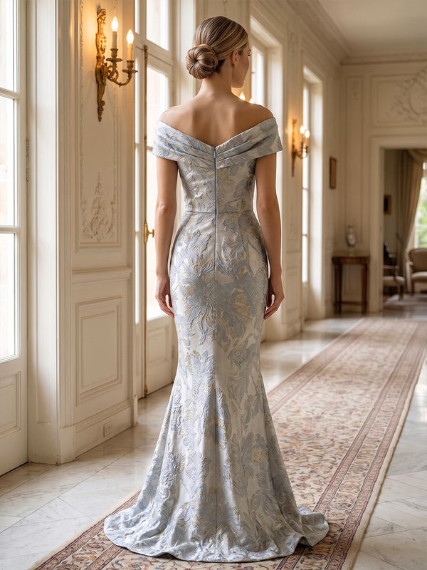 Mermaid/Trumpet Off Shoulder Jacquard Maxi Evening Dresses with Ruched Waist & Sweep Train